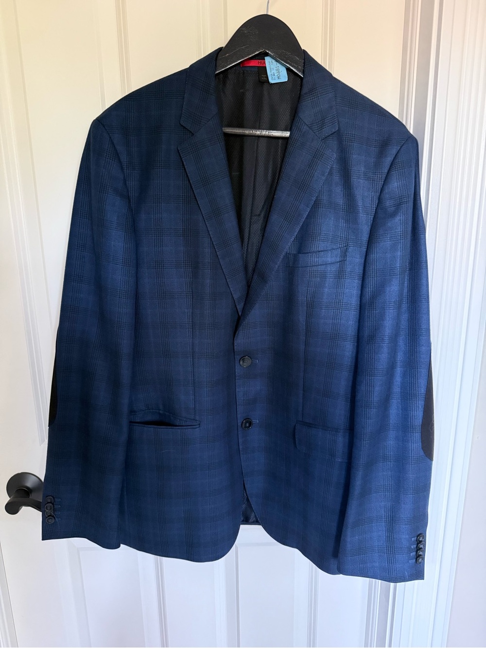 HUGO Hugo Boss Men’s Navy Plaid Wool Blend Blazer Elbow Patch 40R